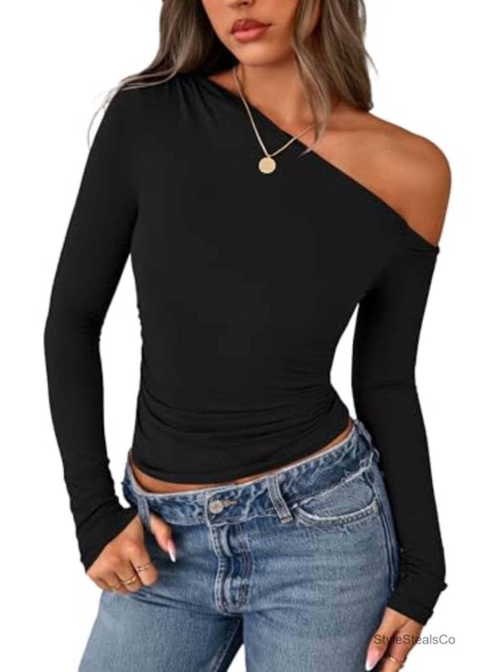 Off Shoulder Long Sleeve Y2K Going Out Top Slim Fit Boat Neck